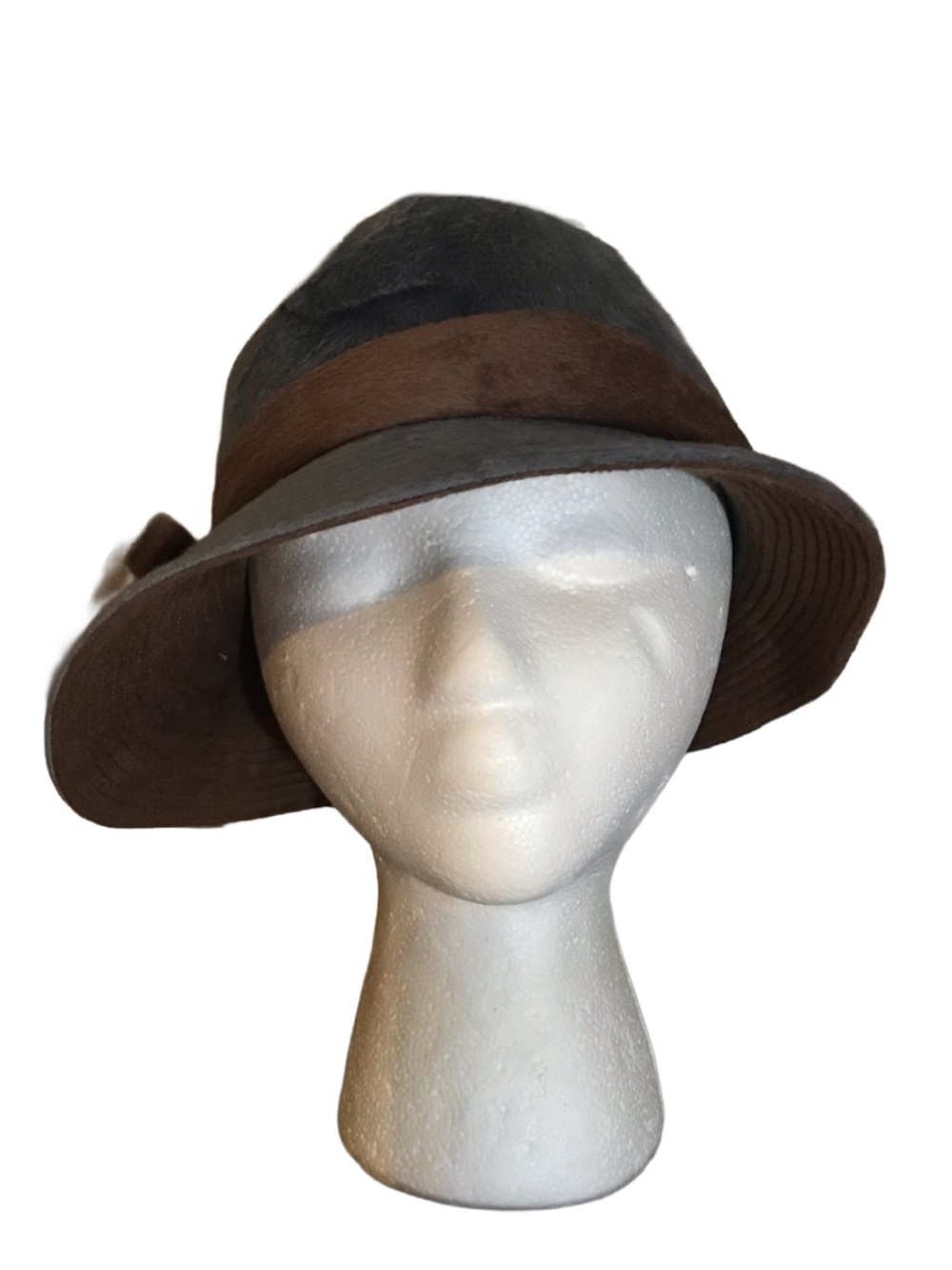VINTAGE GEORGI ORIGINAL GRAY & BROWN VELOUR MODIFIED FEDORA FELT HAT - Picture 5 of 10